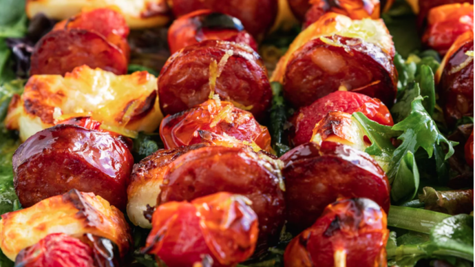 Halloumi & Chorizo Skewers with Honey-Lime Drizzle