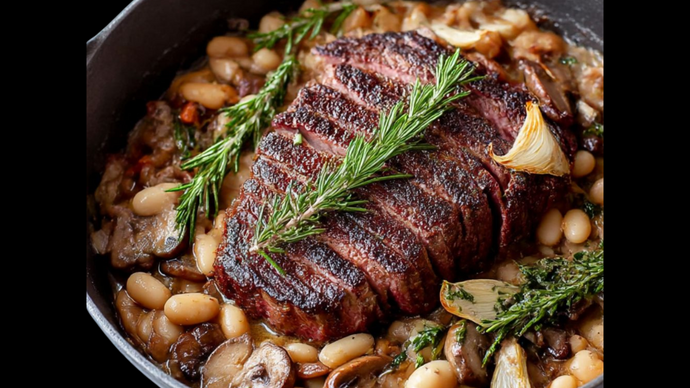 Epic Rib-Eye Steak with Mushrooms & White Beans